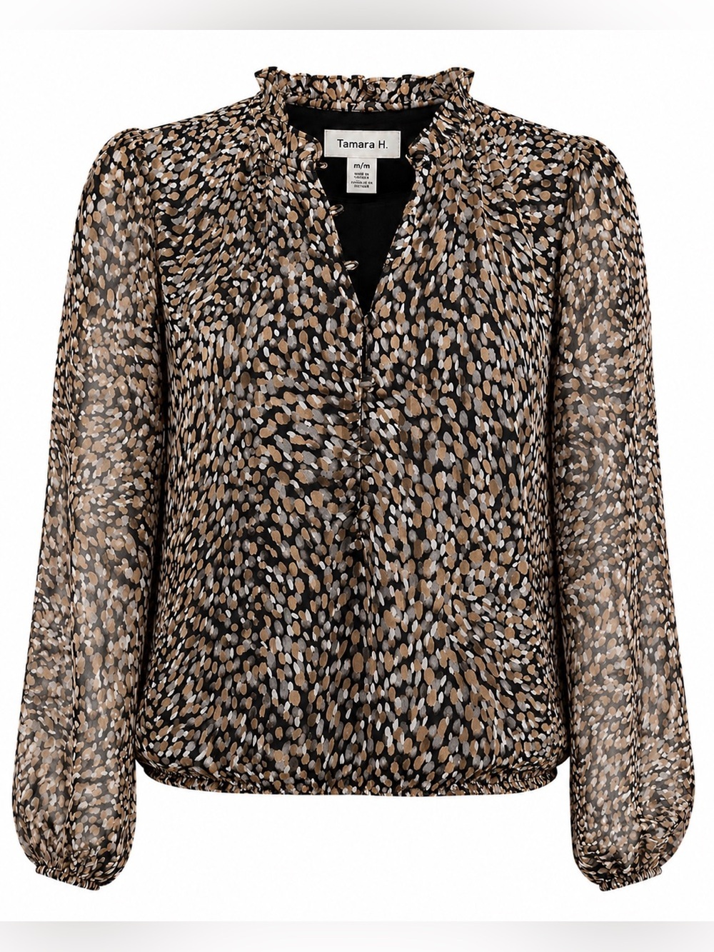 Tamara H. Sheer Animal Print Ruffle Neck Blouse Medium